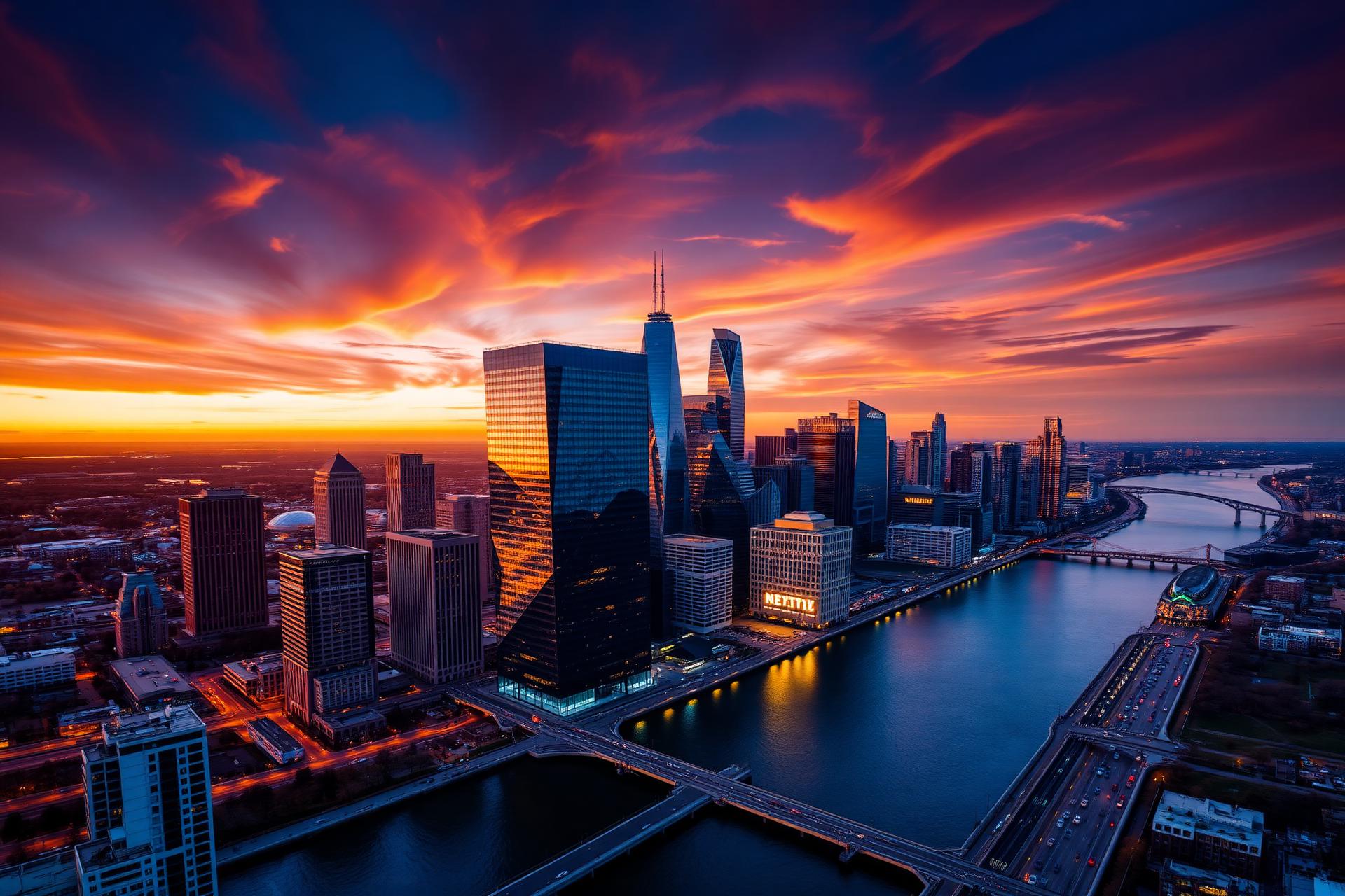 Detroit skyline at sunset